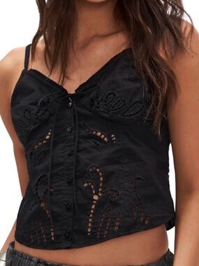 Free People Black Lace-Trim Button Front Cami size M